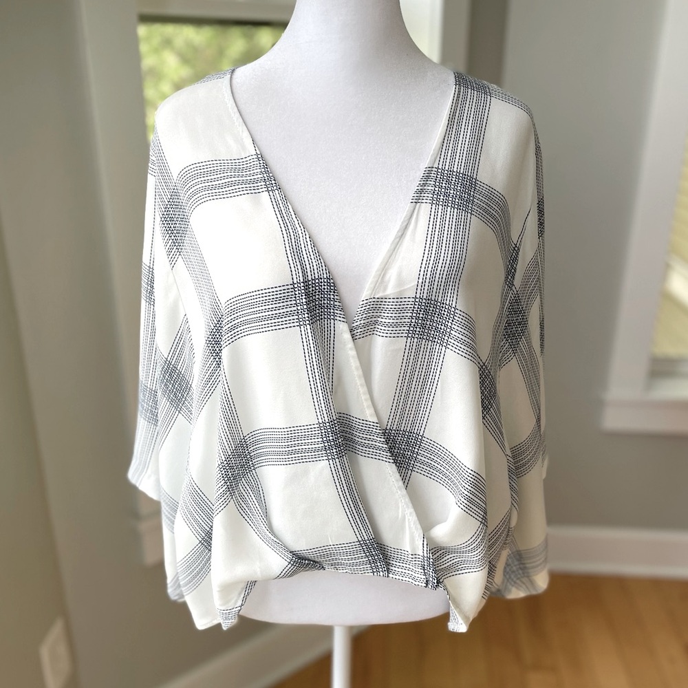 Forever 21 Contemporary White and Navy Blue Plaid Faux Wrap Statement Sleeve Top